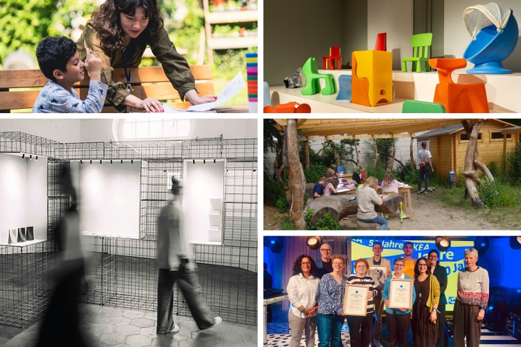 Eine Bildercollage aus fünf Bildern: 1) eine Frau mit einem kleinem Jungen bei Hausaufgaben draußen auf einer Gartenbank, 2) verschiedene Kindermöbel auf einer Ausstellungsempore vor hellem Hintergrund, 3) s/w Bild: eine junge Frau in einer Ausstellung vor drei aussgestellten Motiven (fast uni weiss), die an schwarzen Metallgittern hängen, 4) mehrere Schulkinder sitzend, die in einem outdoor-Klassenzimmer arbeiten, 5) eine Preisverleihung "Preis der IKEA Stiftung 2024" mit mehreren Preisträgern, drei halten eine Urkunde, im Hintergrund ist ein blau/gelbes Logo von der 50 Jahre IKEA Feier zu sehen.