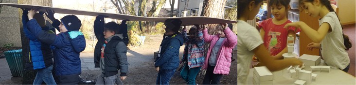 Collage aus zwei Bildern: 1) sechs Kinder warmer Kleidung tragen auf einem Außengelände gemeinsam eine dünne Holzplatte über den Köpfen, 2) drei Mädchen in einem Innenraum haben verschieden (Raum)Modelle aus weißer Pappe angefertigt und stapeln diese experimentell auf einem Tisch.