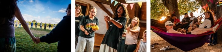 Drei Fotos nebeneinander: links zwei Personen, die sich an den Händen halten, während im Hintergrund eine Gruppe im Kreis auf einer Wiese steht. In der Mitte lachen Jugendliche in einer Holzhütte. Rechts liegen junge Menschen in bunten Hängematten unter Bäumen.