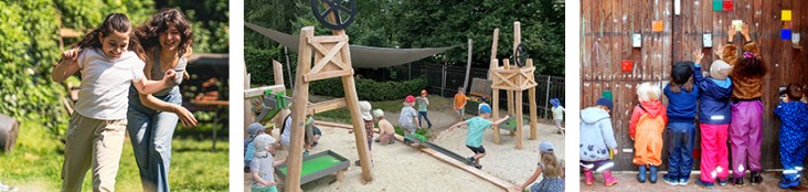 Eine Bildercollage aus drei Bildern: 1) eine junge Frau und ein Mädchen rennen hintereinander her in einem Garten, 2) ein Klettergerüst mit einem Sonnensegel in einem Kindergarten mit mehreren spielenden Kindern, im Hintergrund Bäume, 3) mehrere Kindergartenkinder von hinten bekleidet mit bunter regenfester Kleidung, die vor einem hohen Holzzaun stehen und bunte kleine Schilder aufhängen.