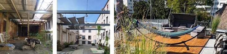 Das verdreckte, teilweise überdachte Gelände der ehemaligen Schokoladenfabrik Dresden, auf dem die verwitterte Plastiknachbildung einer Kuh steht und sich Wildpflanzen einen Weg bahnen. Daneben der neu entstandene Hinterhof des Integrativen Familienzentrums mit Tischtennisplatte, Überdachung und Begrünung. Daneben Foto mit Fokus auf einer Hängematte umgeben von Pflanzen und weiteren Sitzgelegenheiten.