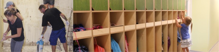 Eine Collage aus zwei Bildern: drei Elternteile, die bei Malerarbeiten an den Wänden im Innenraum helfen und ein kleines Mädchen, welches vor der neuen Garderobe aus Holz im Flur steht und etwas darin verstaut.