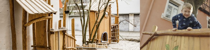 Collage aus zwei Bildern: ein Außengelände mit Spielgeräten aus Holz für Kinder und ein Junge der auf eines der Geräte hochklettert.
