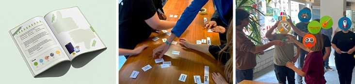 Zu sehen ist eine Fotocollage mit drei verschiedenen Fotos. Von links nach rechts: Ein liegendes, aufgeschlagenes hübsch illustriertes Heft mit Fragen zum Thema nachhaltige Nutzung von alltäglichen Produkten zum Ankreuzen. Eine Tischplatte von seitlich oben fotografiert, auf der Kinderhande Karteikärtchen sortieren. Eine Gruppe Kinder mit einer Frau in der bib der Dinge, die sich zu einem Projekt austauschen, indem sie sich melden und miteinander sprechen.