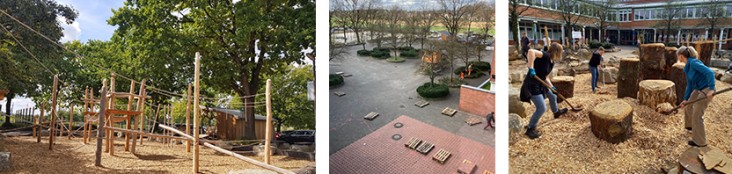 Dreiteilige Collage zur Außengestaltung eines Schulgeländes: Links ein naturnaher Spielbereich mit Holzpfählen, Seilen und Klettergerüst unter großen Bäumen auf Rindenmulch. Mitte eine Vogelperspektive auf einen Schulhof mit gepflasterten Flächen, Holzpaletten und vereinzelten Bäumen. Rechts zwei Personen, die mit Rechen Holzschnitzel auf dem Schulhof verteilen, umgeben von großen Baumstümpfen als Sitzelemente – im Hintergrund das Schulgebäude.