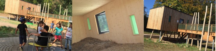 Collage aus drei Bildern: spielende Kinder auf einem Außengelände vor einem Hotel aus Holz umgeben von Bäumen, Innen- (mit Heu auf dem Boden) uns Außenansicht des Heuhotels.