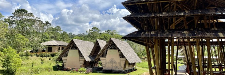 Nachhaltige Holzbauten in einer grünen Landschaft: Mehrere kleine Häuser mit steilen, traditionellen Dächern stehen auf einer Wiese, im Vordergrund ein offener Pavillon aus Holz unter blauem Himmel.