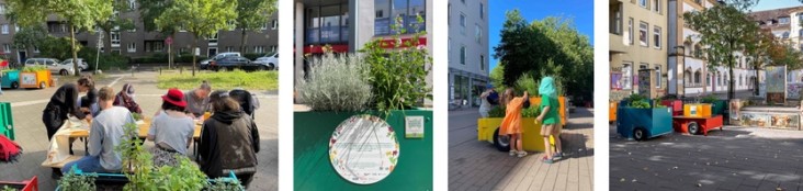Vierteilige Fotocollage zum Projekt Wandergarten im städtischen Raum: Links eine Gruppe Menschen, die im Freien an Tischen zusammensitzen und arbeiten, umgeben von bunten, mobilen Pflanzkästen auf Rollen in Gelb, Rot und Grün. Zweites Bild ein grüner mobiler Pflanzkasten mit Kräutern und einer runden Informationstafel mit Pflanzenbeschriftung auf einem Stadtbürgersteig. Drittes Bild zwei Kinder, die sich über einen bunten mobilen Pflanzkasten beugen und die Pflanzen betrachten, auf einem sonnigen Gehweg vor Stadtgebäuden. Rechts eine Straßenansicht mit mehreren bunten mobilen Pflanzkästen auf Rollen, die auf dem Gehweg einer städtischen Straße aufgereiht stehen.