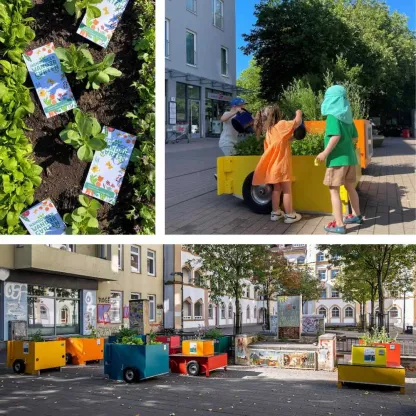 Dreiteilige Fotocollage zum Projekt Hamburger Wandergarten: Oben links eine Vogelperspektive auf junge Salatpflanzen in Erde, zwischen denen mehrere bunte Flyer mit dem Aufdruck „Hamburger Wandergarten" liegen. Oben rechts drei Kinder, die einen gelben mobilen Pflanzkasten auf Rädern mit Gießkannen bewässern, auf einem sonnigen Stadtgehweg vor Geschäften. Unten eine Platzansicht in der Stadt mit mehreren bunten mobilen Pflanzkästen auf Rollen in Gelb, Orange, Türkis und Rot, die auf einem gepflasterten Platz vor einem Gebäude mit Graffiti und alten Bogenfenstern aufgestellt sind.