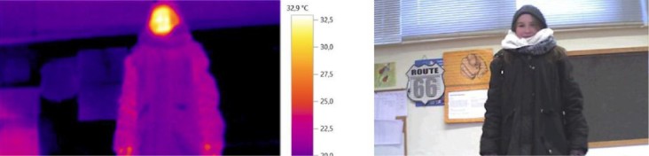 Eine Collage aus zwei Bildern: ein Wärmebild von einem Kind mit Mütze, Schal und Handschuhen und die Bildvorlage hierfür.