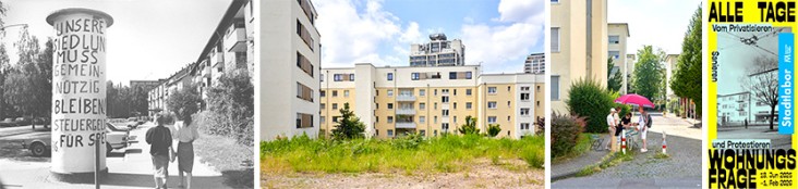 Fotocollage mit 4 Abbildungen von links nach rechts: Plakat auf Litfaßsäule in Frankfurt gegen den Verkauf der Henri-Dunant-Siedlung. Außenansicht des Frankfurter Wohnkomplexes Knorrstrase im Sommer 2024. 4 Personen des Stadtlabor-Teams auf Sommertour in mit einem kleinen Infostand und Sonnenschirm mitten in einer Häuser-Siedlung. Das Austellungsplakat von Alle Tage Wohnungsfrage.