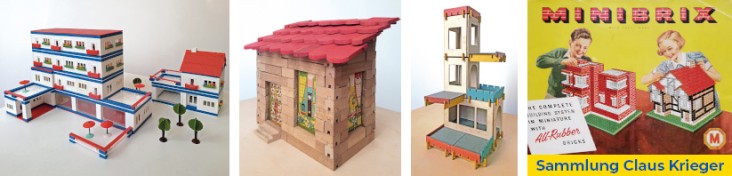 Collage historischer Architekturbaukästen: modernistischer Modellbau-Komplex, Holzhaus mit rotem Dach, modularer Turm sowie Minibrix-Werbung – aus der Sammlung Claus Krieger.