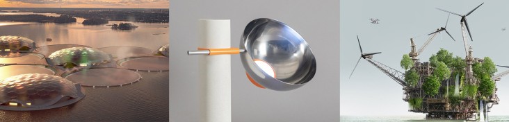 Collage aus drei Bildern: 1) eine futuristische Landschaft auf dem Wasser, 2) eine Art Sieb aus Metall vor hellem Hintergrund, 3) eine grüne fiktive Wohnwelt/Hausmodell im Meer mit Windrädern und Bäumen vor hellem Hintergrund.