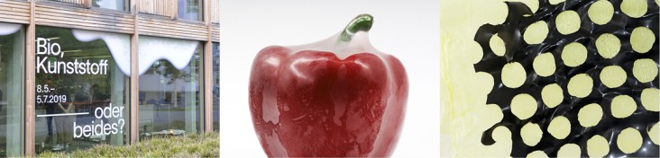 Eine Collage aus drei BIldern: 1) ein Doppelschaufenster mit Aufschrift "Bio Kunststoff - oder beides?", 2) ein in transparentem Plastik gehüllter Apfel vor weißem Hintergrund, 3) ein hellgelber Untergrund mit schwarzem Lochmuster darüber