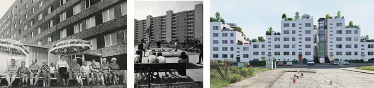 Dreiteilige Foto-Collage zur Großtafelbauweise: Links Schwarz-Weiß – ältere Menschen unter Sonnenschirmen vor einem Plattenbau. Mitte Schwarz-Weiß – Menschen auf Bänken vor Hochhausblöcken und Spielbereich. Rechts Farbe – Visualisierung eines weißen Wohngebäudes mit begrünten Dachterrassen und gläsernem Treppenhaus; Spielgeräte im Vorfeld.