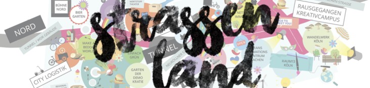 Eine bunte stadtplanähnliche Collage im Hintergrund, im Vordergrund ein schwarzer Schriftzug "Strassenland"
