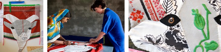 Dreiteilige Collage zu Designs von Hella Jongerius: links ein an der Wand befestigtes rotes Textil in Tierkopfform mit grauem Gesicht, gestickten Details und Stoffmustern; Mitte zwei Personen (Gesichter verpixelt) über einem Tisch, die an einem roten Stoff zuschneiden/markieren — eine trägt ein buntes Kopftuch, die andere ein blaues Oberteil; rechts eine Nahaufnahme des Textils mit zusammengesetzten schwarz-weißen Blumenmustern, roten Webstreifen und grüner Stickerei. Helle, sachliche Arbeitsumgebung.