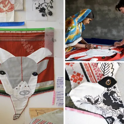 Collage aus drei Fotos mit Designs von Hella Jongerius: Links groß ein an die Wand geheftetes, rot-weißes Textilstück in Tierkopfform (zwei Hörner, graues Gesicht, gestickte Details) umgeben von Skizzen und Stoffmustern. Oben rechts zwei Personen (Gesichter unkenntlich) beim Zuschneiden/Anzeichnen eines roten Stoffes auf einem Tisch; eine trägt ein bunt gemustertes Kopftuch, die andere ein blaues Oberteil. Unten rechts Nahaufnahme des Tierkopfs: zusammengesetzte Stoffmuster, gedruckte Blumenmotive und grüne Stickerei. Helle, neutrale Arbeitsumgebung.