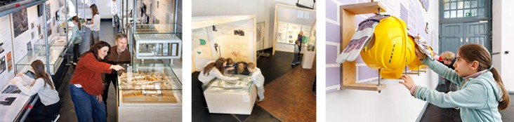 Dreiteilige Collage aus Museumsszenen: Links Besucher:innen – darunter Kinder und Erwachsene – die sich über Vitrinen mit Exponaten beugen und ein Architekturmodell betrachten, im Hintergrund weitere Gäste und Informationstafeln. Mitte eine Nahaufnahme von zwei Personen, die sich über eine Vitrine beugen und ein Objekt genau betrachten, umgeben von Ausstellungstexten und Vitrinen. Rechts ein Mädchen, das einen gelben Bauhelm aus einer interaktiven Ausstellungsstation nimmt, im Hintergrund Bilder und ein weiterer Besucher.