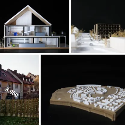 Quadratische Bildcollage mit vier Fotos zum Thema Architektur/Modelle: Oben links Querschnitts-Modell eines Hauses mit sichtbaren Innenräumen (Treppen, Möbelstücke, helle Wände) vor schwarzem Hintergrund. Oben rechts Detailaufnahme eines kleinen, kubischen Modellgebäudes im Gelände mit feinen Vegetations‑Modellen auf weißem Untergrund. Unten links Foto einer Wohnhauszeile mit roten Dächern, Vorgarten und Holzzaun; weißer Schriftzug „8.000“ halbtransparent über dem Bild. Unten rechts Vogelperspektive eines Stadtmodell‑Abschnitts aus Holz und weißen Modellgebäuden auf dunklem Hintergrund. Insgesamt nüchterne, gut ausgeleuchtete Präsentationsästhetik.