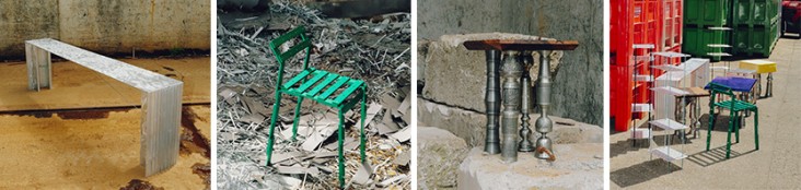 Collage mit vier Upcycling-Designs von Luis Niederbuchner in Industrieumgebung: links eine U-förmige Aluminiumbank; daneben ein grüner Metalllattenstuhl zwischen Metallschrott; rechts ein Beistelltisch mit gedrehten Rohrbeinen und Holzplatte auf Steinblöcken; ganz rechts experimentelle, gestapelte Regale und Hocker vor roten und grünen Containern.