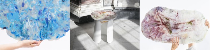 Bildercollage aus drei Bildern: 1) ein blau/weiß marmorierter Kreis, der von einer Hand gestützt wird, im Hintergrund weiß, 2) ein weiß/braun marmorierter Tisch/Hocker vor hellem Hinter- und Untergrund, 3) eine weiß/braun marmorierte ovale Fläche, die von einer Hand gestützt wird, im Hintergrund weiß.