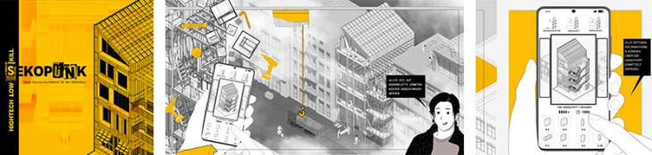 Dreiteilige Illustrationscollage im Comic-/Sketchstil in Schwarz-Weiß und Gelb: Links ein grafisches Titelblatt mit dem Schriftzug „Sekopunk – Open-Source-Architektur für den Städtebau" und einer perspektivischen Gebäudeillustration in Gelb und Schwarz. Mitte eine isometrische Stadtansicht mit Wohnblöcken, fliegenden Bauplänen und einem Smartphone im Vordergrund, auf dem eine App zu sehen ist – mit dem Hinweis „Alles ris auf Workplätze könnten wieder hausgebaut werden". Rechts eine Nahaufnahme einer Hand, die ein Smartphone hält, mit einer App-Oberfläche und der Textnachricht „Alle nötigen Informationen könnten per Handy abrufbar werden“