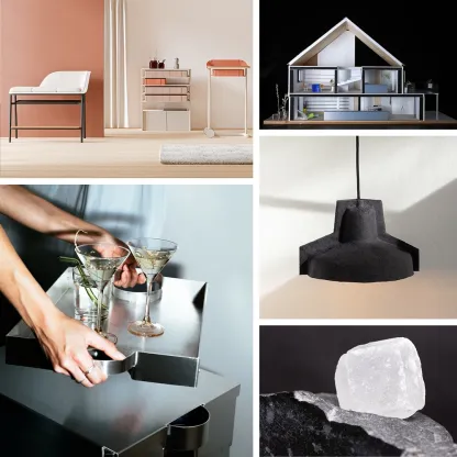 Fünfteilige Designcollage: Oben links ein minimalistisches Wohnambiente mit einem gepolsterten Sessel, einer Kommode und einem Beistelltisch in Rosé- und Sandtönen vor einer terrakottafarbenen Wand. Oben rechts ein detailliertes Architekturmodell eines Hauses im Querschnitt, das mehrere Räume mit Einrichtungsdetails zeigt. Mitte rechts eine dunkle, texturierte Pendelleuchte aus recyceltem oder natürlichem Material, die an einem schwarzen Kabel hängt. Unten links Hände, die Martinigläser und Wassergläser auf einem glänzenden Metalltablett arrangieren. Unten rechts ein transparenter, roher Zucker-Kristall auf dunklem Gestein vor schwarzem Hintergrund.