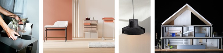 Vierteilige Designcollage: Links Hände, die Martinigläser und Wassergläser auf einem glänzenden Metalltablett arrangieren. Zweites Bild von links ein minimalistisches Wohnambiente mit einem gepolsterten Sessel, einer Kommode und einem Beistelltisch in Rosé- und Sandtönen vor einer terrakottafarbenen Wand. Drittes Bild eine dunkle, texturierte Pendelleuchte aus recyceltem oder natürlichem Material an einem schwarzen Kabel vor hellem Hintergrund. Rechts außen ein detailliertes Architekturmodell eines Hauses im Querschnitt, das mehrere Räume mit Einrichtungsdetails vor schwarzem Hintergrund zeigt.